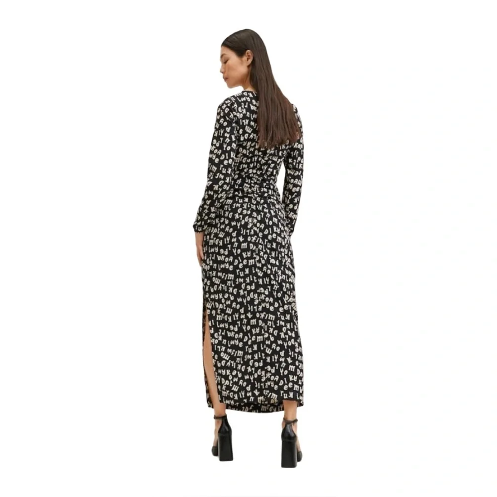 Mango‎ Typographic Print Maxi Dress Womens 4 Black Cream NWT Long Sleeve Ruched